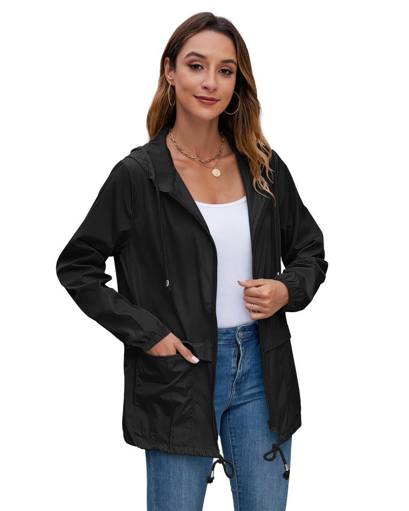 Hount Women's Lightweight Travel Trench Raincoat Hoodie Waterproof Hiking Packable Rain Jacket (L, Black) - Image 2
